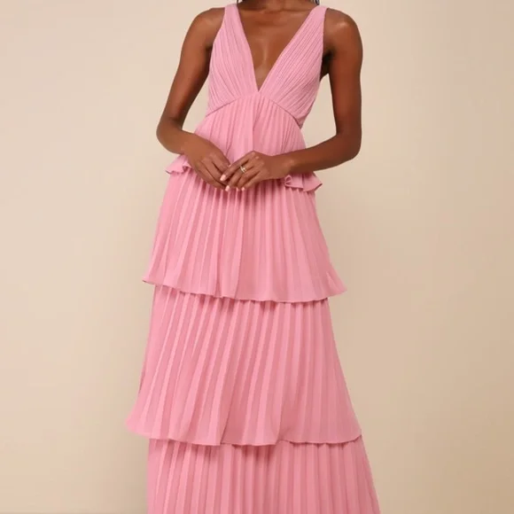 Lulus Mesmerizing Essence Pink Pleated Backless Tiered Maxi Dress - Size M - Picture 1 of 5